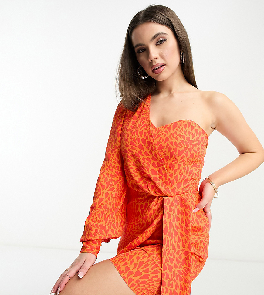 Collective the Label Petite exclusive one shoulder mini dress in orange heart print