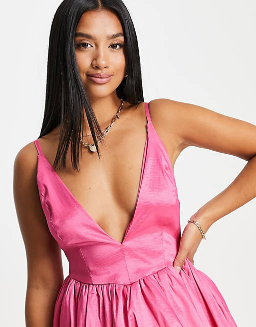 Women Collective the Label Petite exclusive plunge backless mini dress in hot pink 