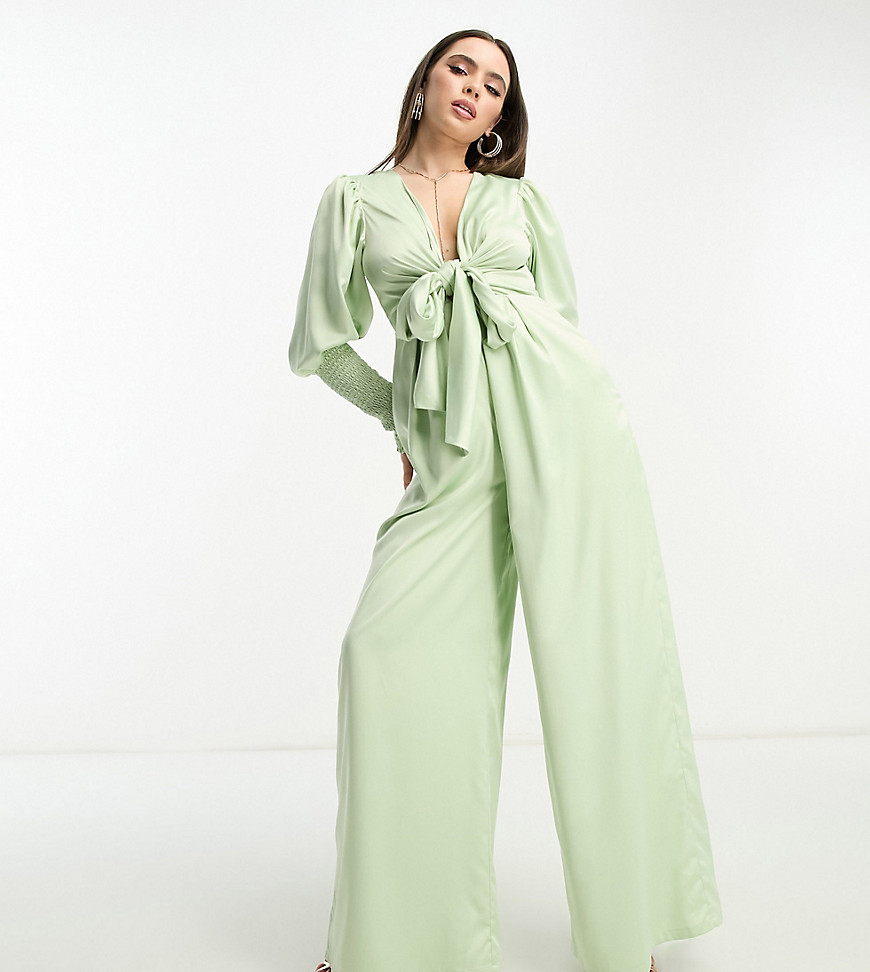 exclusive plunge front wide leg jumpsuit in sage-Pink