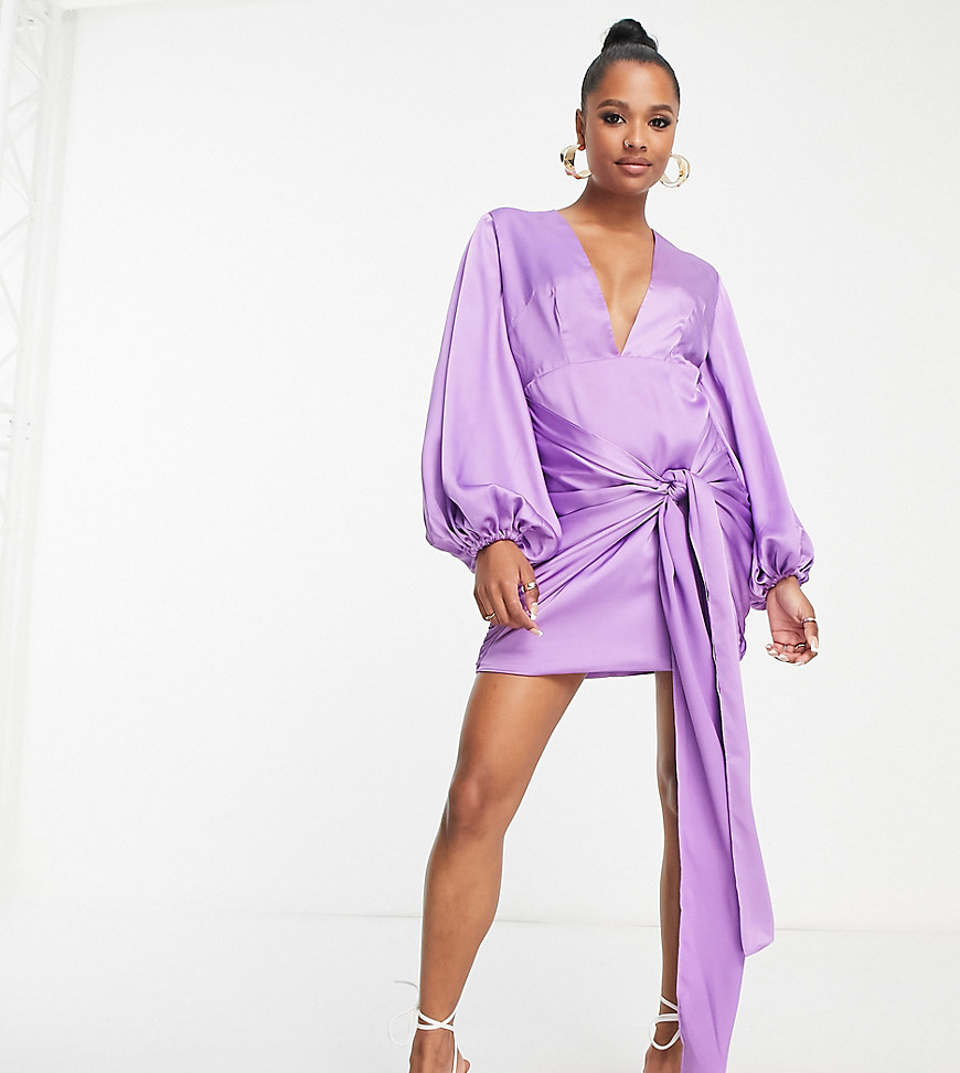 Collective The Label Petite Exclusive Plunge Knot Front Satin Mini Dress In Purple