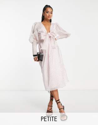 exclusive plunge tie front midi dress in blush polka dot-Pink