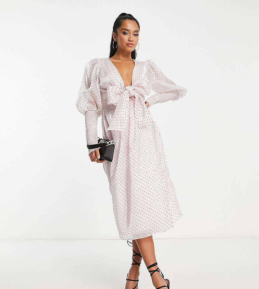 Collective the Label Petite exclusive plunge tie front midi dress in blush polka dot-Pink