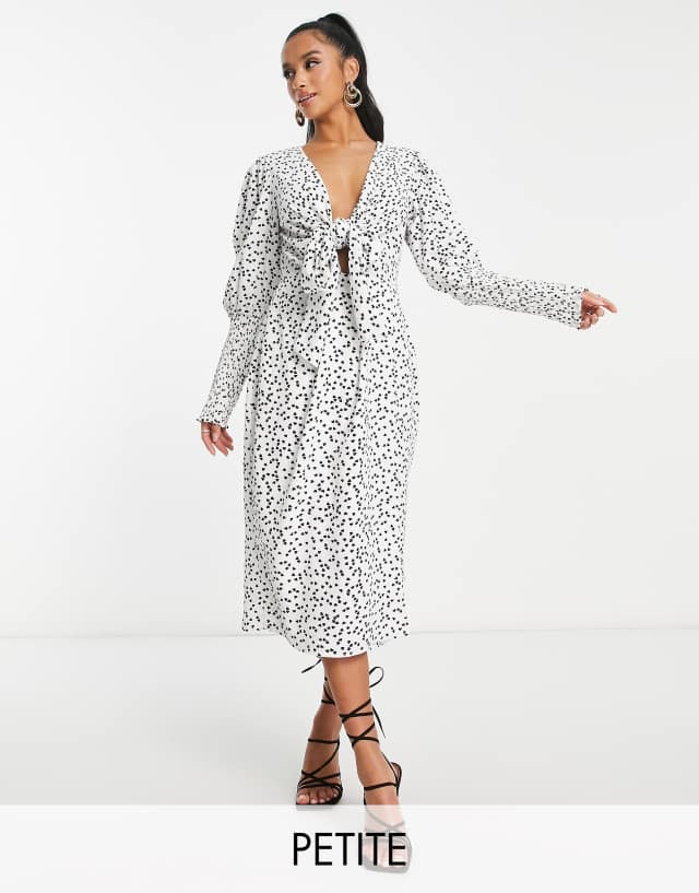 Collective the Label Petite exclusive plunge tie front midi dress in cream heart print