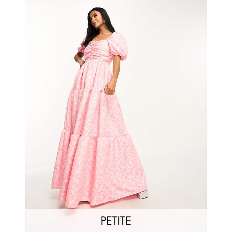 Collective the Label Petite exclusive puff sleeve jacquard maxi dress in  pink daisy