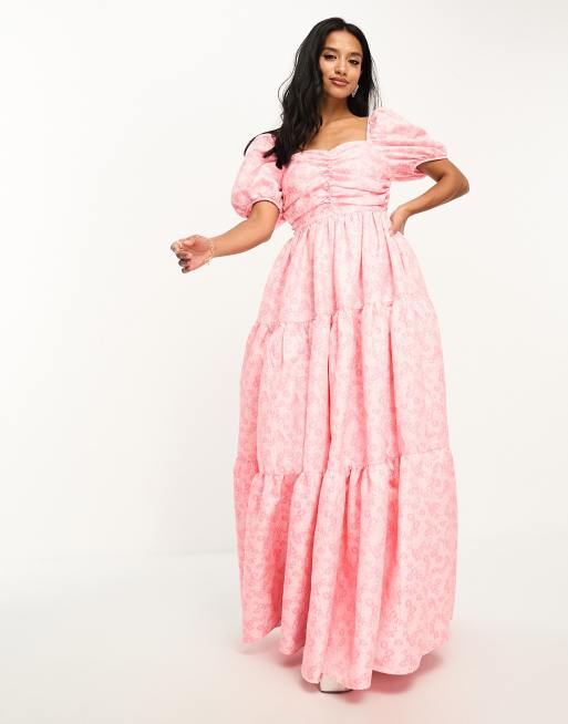 Collective the Label Petite exclusive puff sleeve jacquard maxi dress in pink daisy