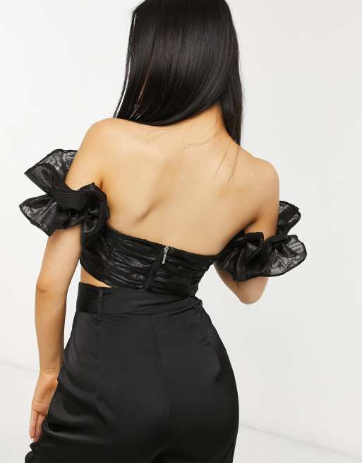 Collective the Label Petite exclusive ruched crop top with volume sleeve in black, 2 of 4