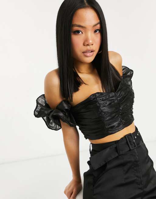 Collective the Label Petite exclusive ruched crop top with volume sleeve in black, 4 of 4
