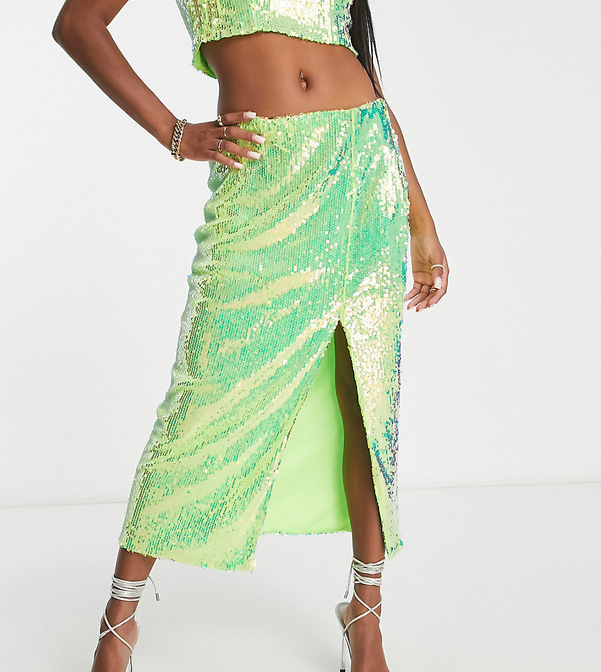 Collective the Label Petite exclusive sequin midaxi skirt in iridescent lime - part of a set-Green