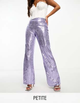 Collective the Label Petite exclusive sequin wide leg trousers in pewter-Purple