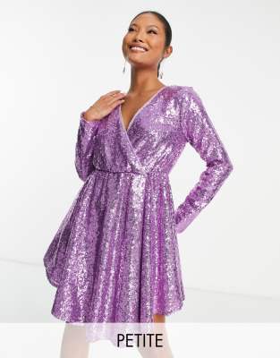 Collective The Label Petite Exclusive Sequin Wrap Mini Dress In Lilac-purple