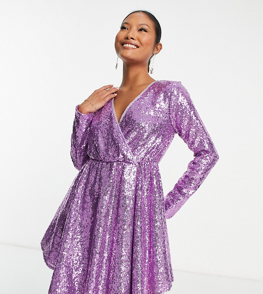 Collective the Label Petite exclusive sequin wrap mini dress in lilac-Purple