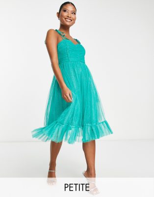 Collective The Label Petite Exclusive Tie Shoulder Ruched Midi Dress In Emerald Glitter-green