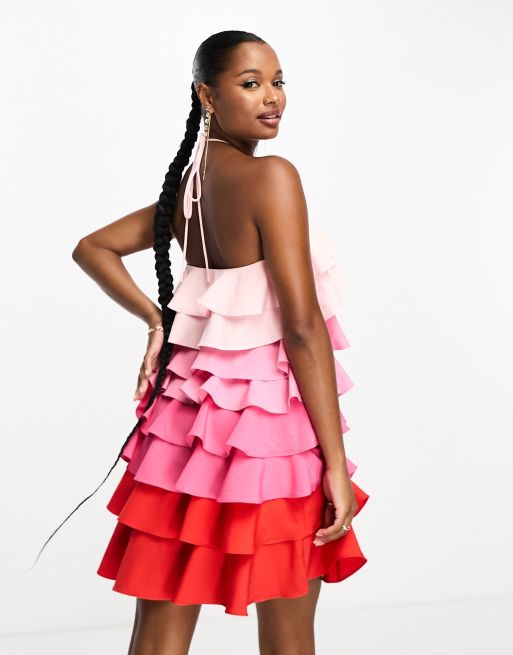 Collective the Label Petite exclusive tiered ruffle mini dress in pink and red ombre ASOS