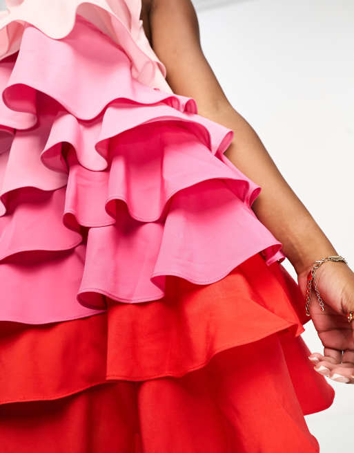 Collective the Label Petite exclusive tiered ruffle mini dress in pink and  red ombre