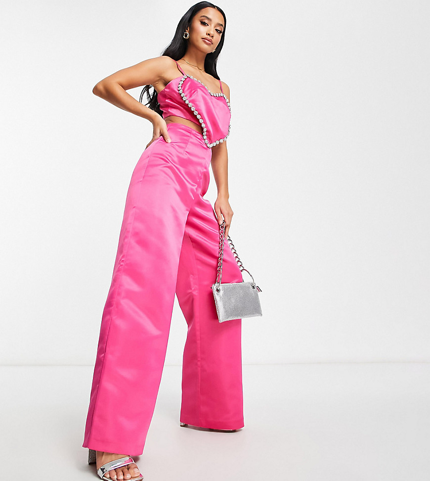 Collective the Label Petite exclusive valentines embellished heart wide leg jumpsuit in bright pink