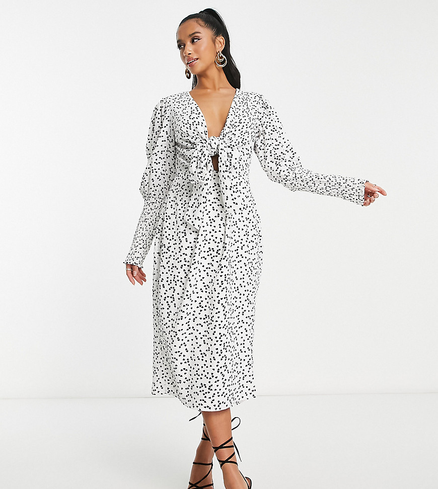 Collective The Label Petite Exclusive Valentines Plunge Tie Front Midi Dress In Cream Heart Print-wh In White