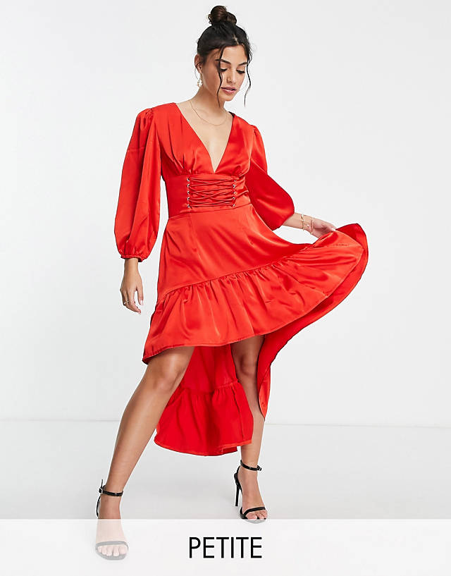 Collective The Label Petite - exclusive volume sleeve high low midaxi dress in red