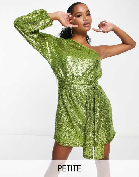 Collective The Label Petite - Exclusives - Mini-jurk met enkele mouw, gestrikte taille en lovertjes in limoengroen - view 1