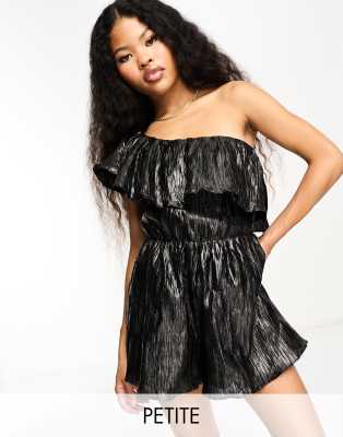 Collective The Label Petite - Exklusiver Playsuit in Metallic-Schwarz mit One-Shoulder-Träger-Blau