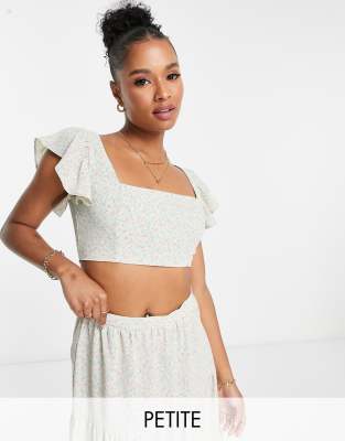 Collective The Label Petite Collective the Label Petite frill shoulder crop top co-ord in sage ditsy floral-Green