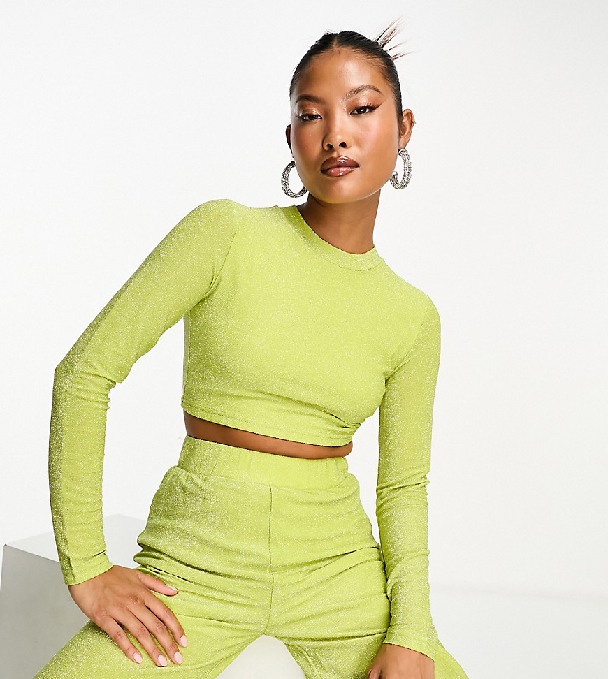 Collective the Label Petite open back metallic knit top co-ord in olive-Green