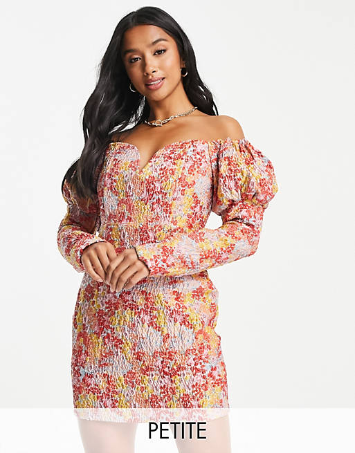 Dresses Collective the Label Petite puff long sleeve mini dress in metallic rose floral 