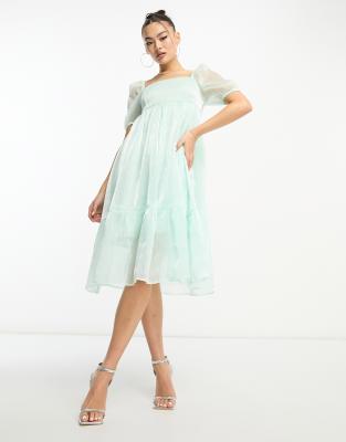 puff sleeve midi dress in sage organza-Green