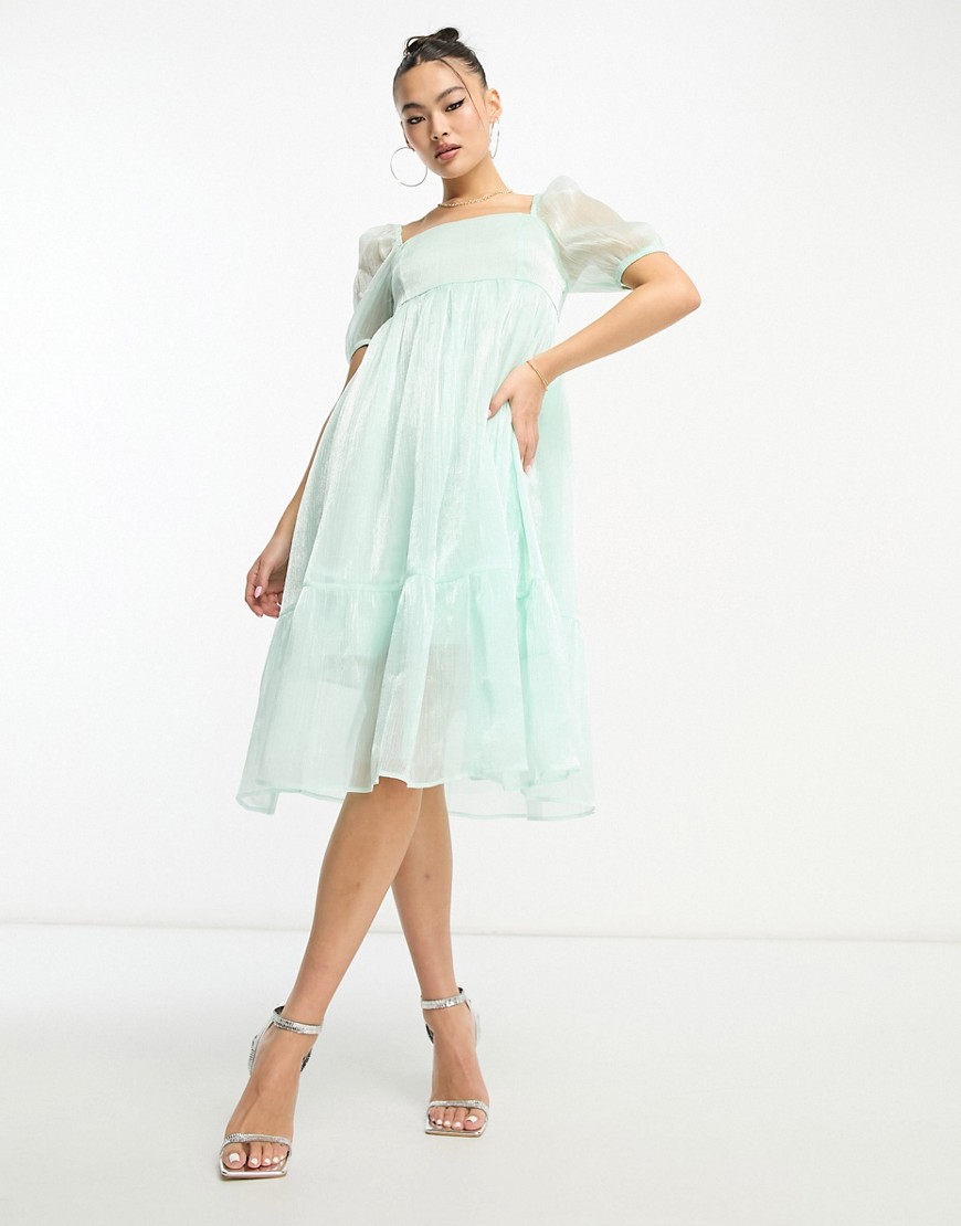 Collective The Label Petite Puff Sleeve Midi Dress In Sage Organza-green