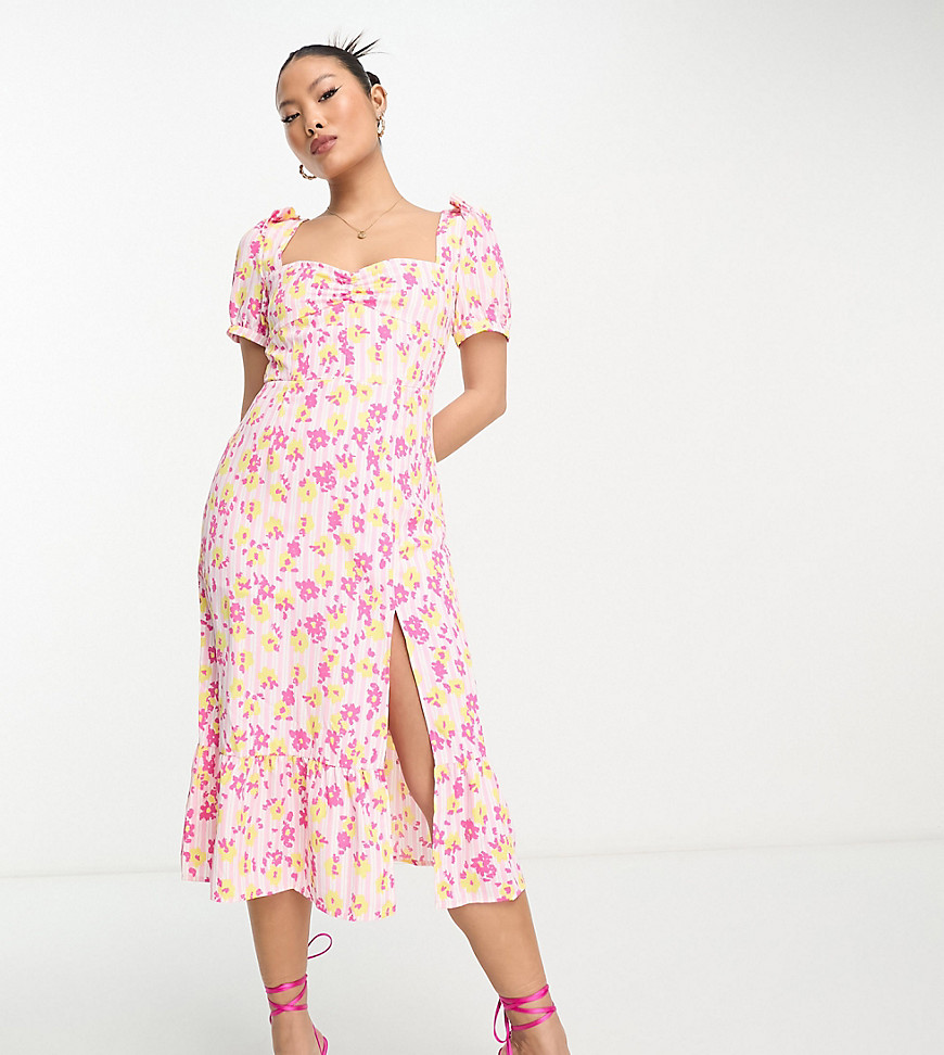 Collective the Label Petite puff sleeve tea midi dress in bright floral-Pink
