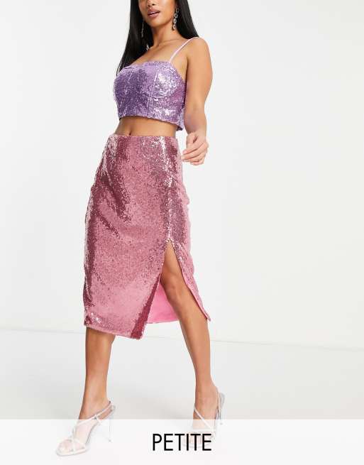 Collective The Label – Petite – Rosa midikjol med paljetter och slits, del av set