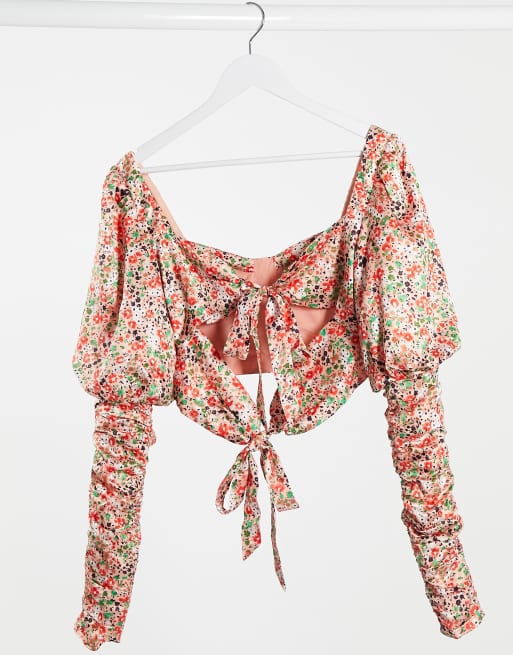 Collective the Label Petite ruched crop top co-ord with tie back in rose print, 2 of 4