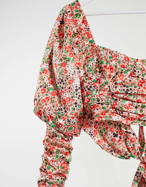 Collective the Label Petite ruched crop top co-ord with tie back in rose print, 3 of 4