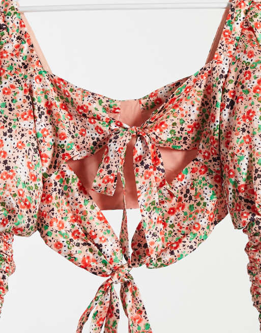 Collective the Label Petite ruched crop top co-ord with tie back in rose print, 4 of 4