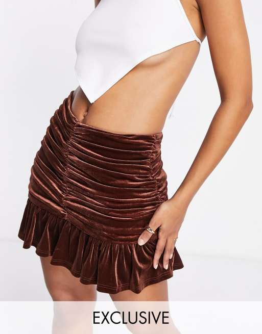 Collective the Label Petite ruched velvet mini skirt in chocolate part of a set ASOS