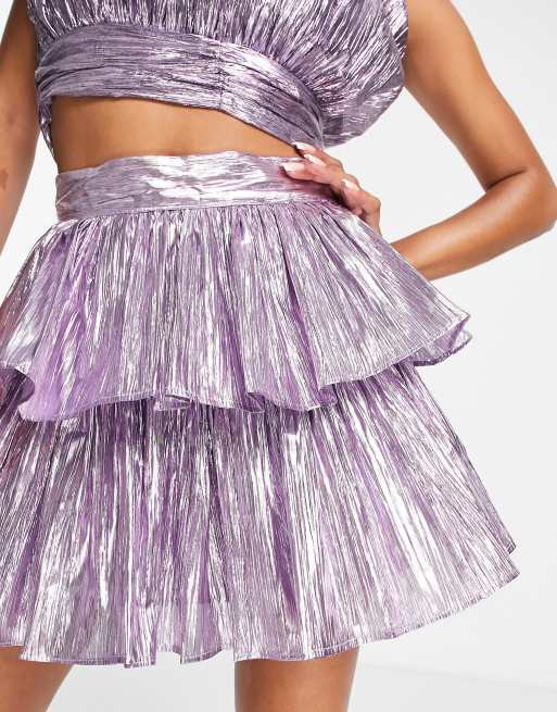 Collective the Label Petite ruched waist metallic mini skirt in lilac part of a set ASOS