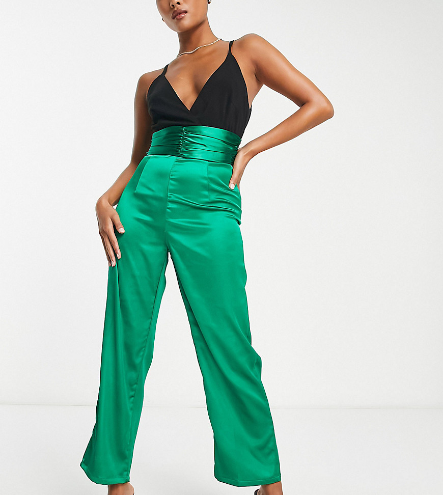 Collective The Label Petite Ruched Waist Wide Leg Jumpsuit In Color Block-black