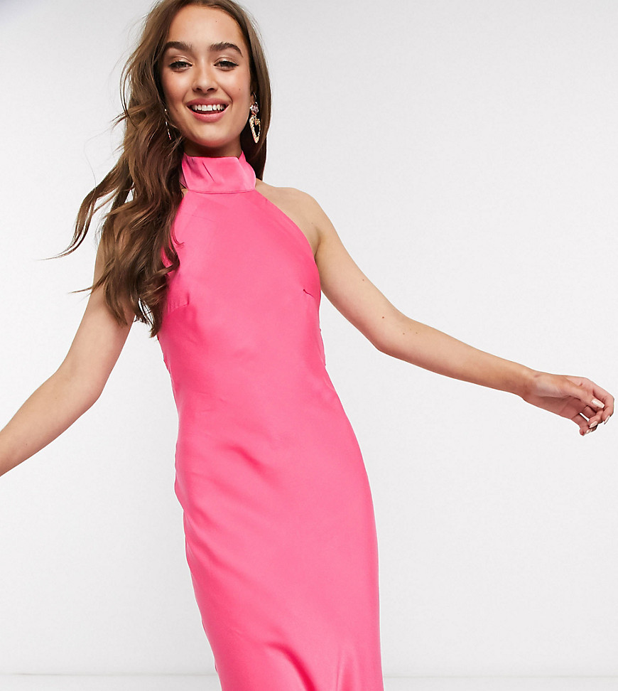 Collective The Label Petite satin halterneck maxi dress in hot pink
