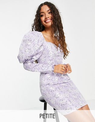 Collective the Label Petite statement shoulder sweetheart mini dress in pewter floral