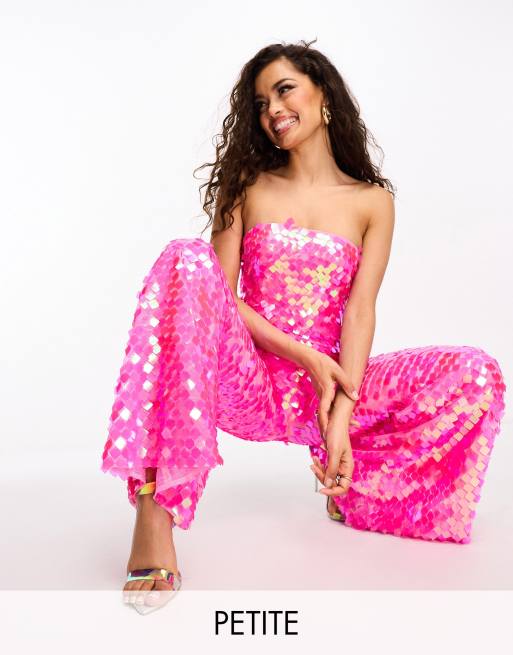 Collective the Label Petite strapless disc sequin jumpsuit in pink