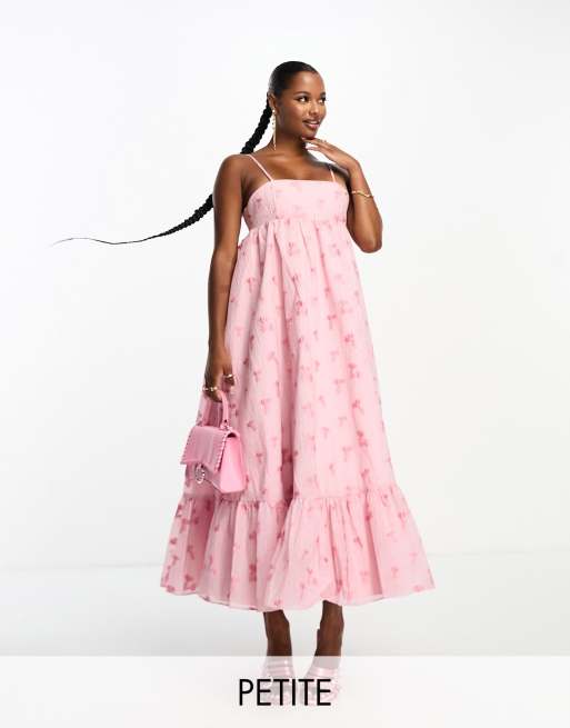 Collective the Label Petite - Vestito midi con spalline sottili a trapezio in broccato rosa a fiori