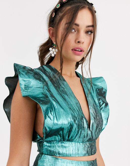 Collective The Label Plunge Front Crop Top In Green Metallic Asos