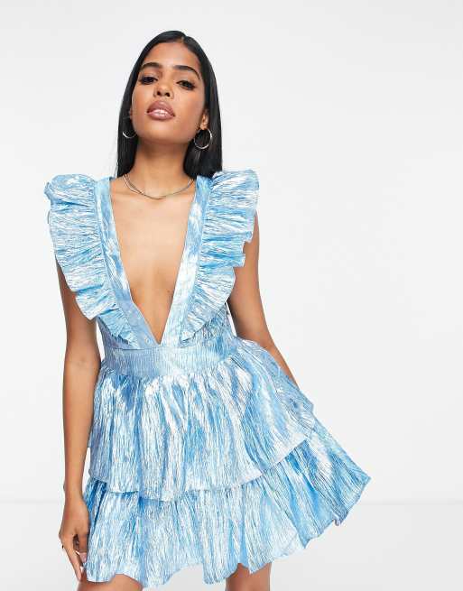 Collective The Label Exclusive High Neck Satin Mini Dress in Powder Blue