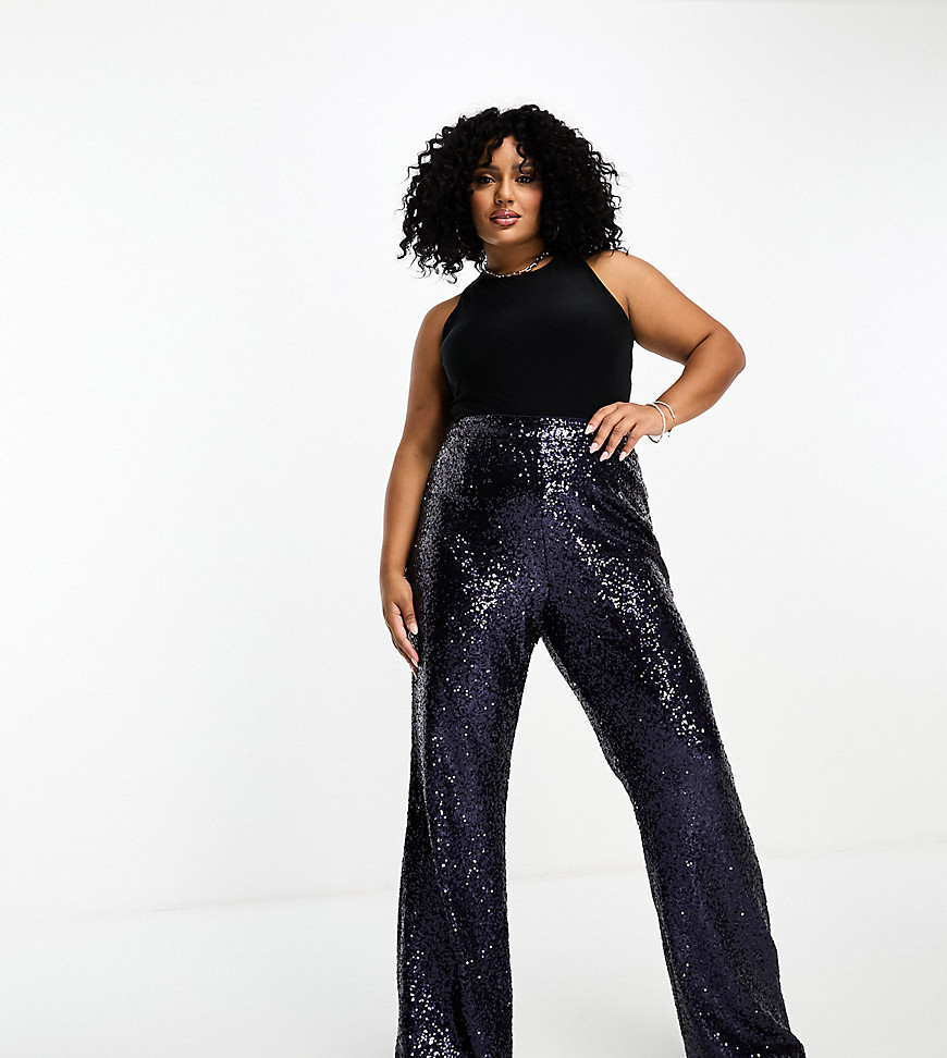 Collective The Label Curve Collective The Label Plus Exclusive Sequin Wide Leg Pants In Midnight Blue