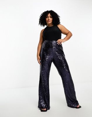 Collective the Label Plus exclusive sequin wide leg trousers in midnight blue - ASOS Price Checker