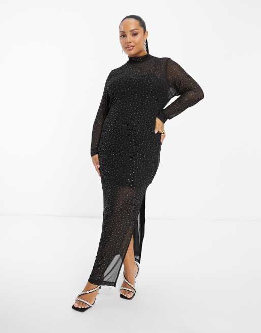 Collective the Label Plus mesh maxi dress in black diamante | ASOS