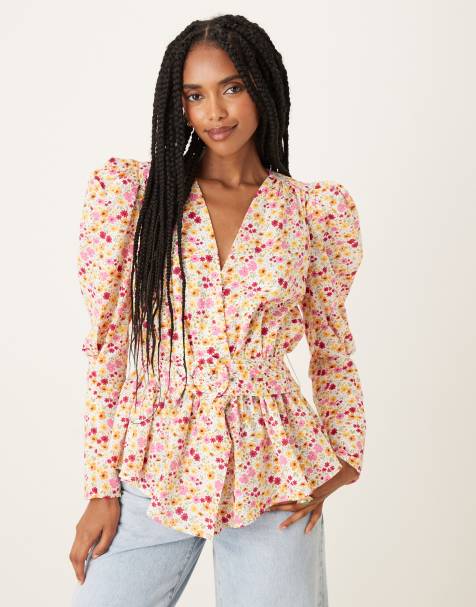 Collective The Label Puff shoulder belted blouse in bold multi flower - view 1