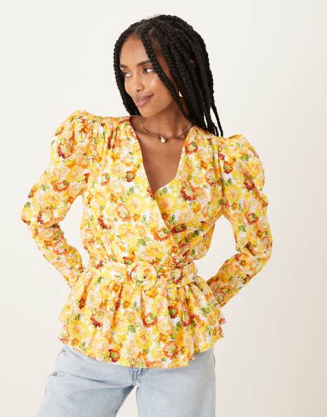 Collective The Label Puff shoulder belted blouse in sunflower floral