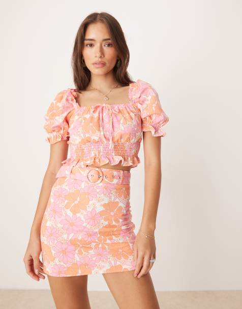 Collective The Label Puff shoulder ruched crop top in sixties floral