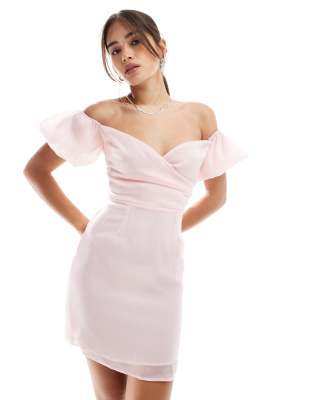 Collective The Label Puff sleee bardot mini dress in soft pink - view 1