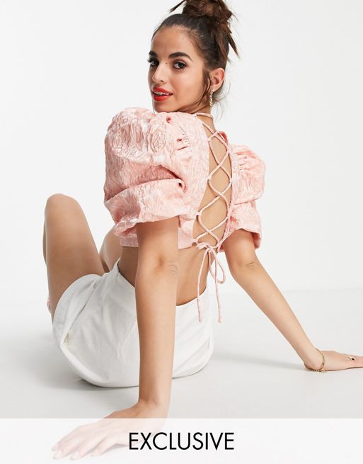 Collective the Label puff sleeve backless crop top in textured rose pink -  part of a set